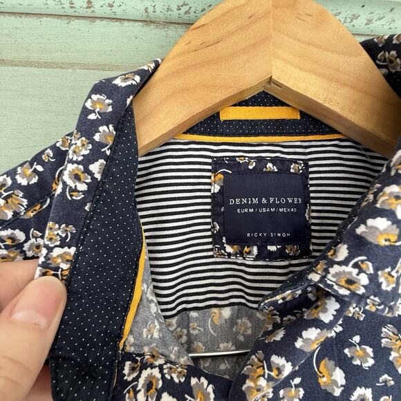 Denim & Flower‎ Ricky Singh Men’s Shirt Sleeve Casual Shirt Navy Floral Size M - Picture 7 of 9